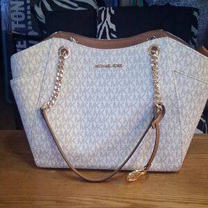 Michael Kors Beige/Tan Signature Logo Chain-Handle Tote